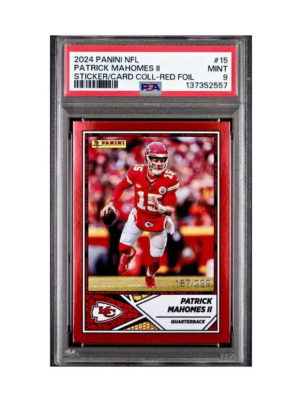 Patrick Mahomes 2024 Panini Sticker Collection 187/299 #15 Red Foil PSA 9 Mint